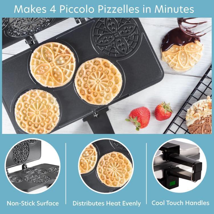 CucinaPro Piccolo Pizzelle Baker- Nonstick Electric Press Makes 4 Mini Cookies at Once w Recipe Guide - Fun Baking Supplies for Parties & Desserts
