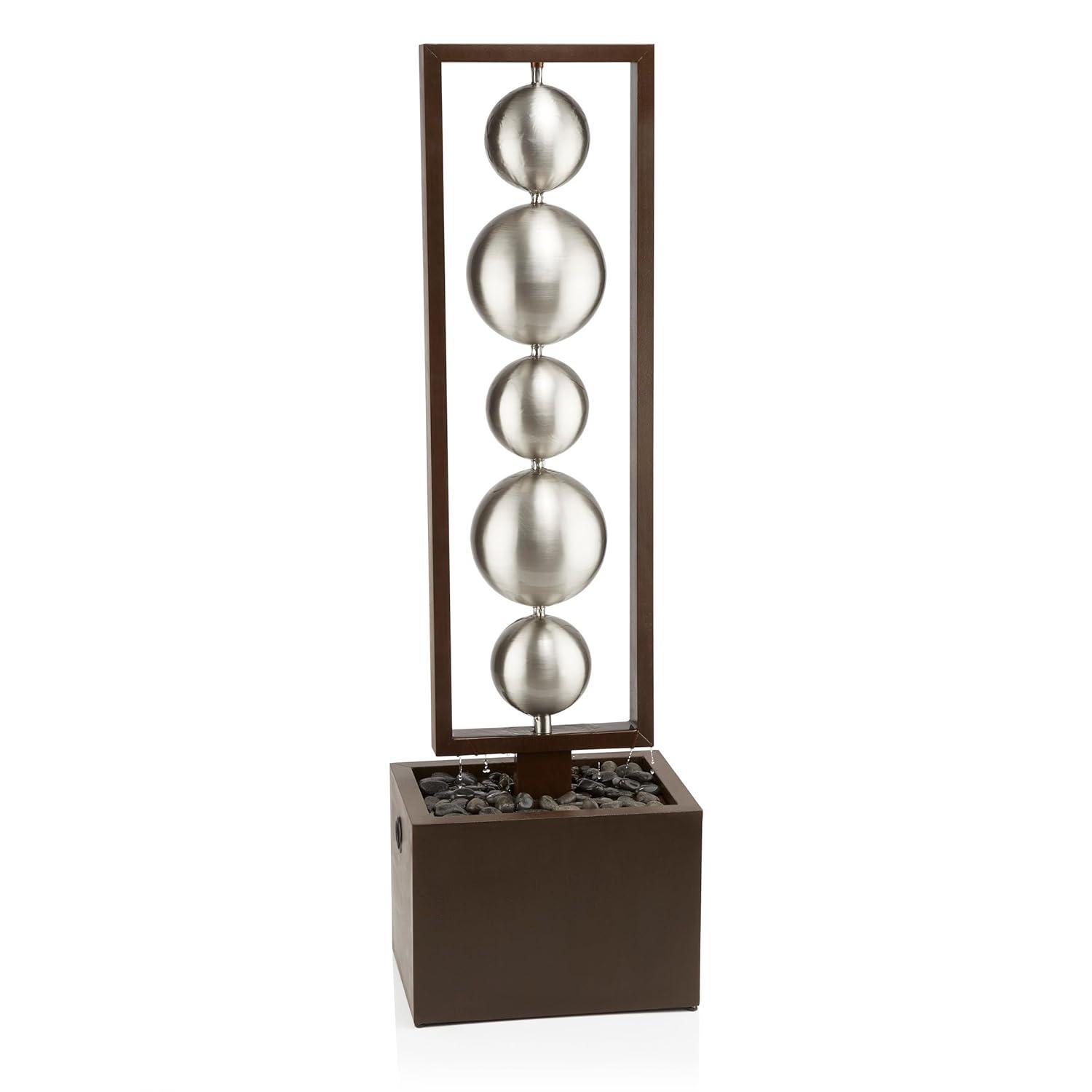 55" Metal Modern Column Fountain with Stainless Steel Orbs Silver/Brown - Alpine Corporation: Electric-Powered