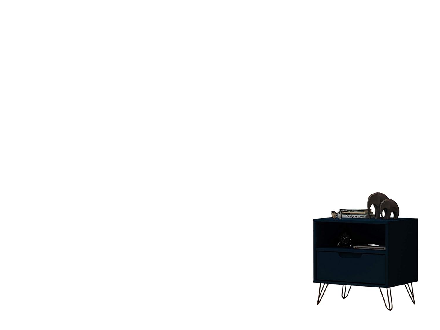 Manhattan Comfort 1.0 Rockefeller Nightstand Blue: Modern Bedside Table with Storage, Shelving & Metal Glides