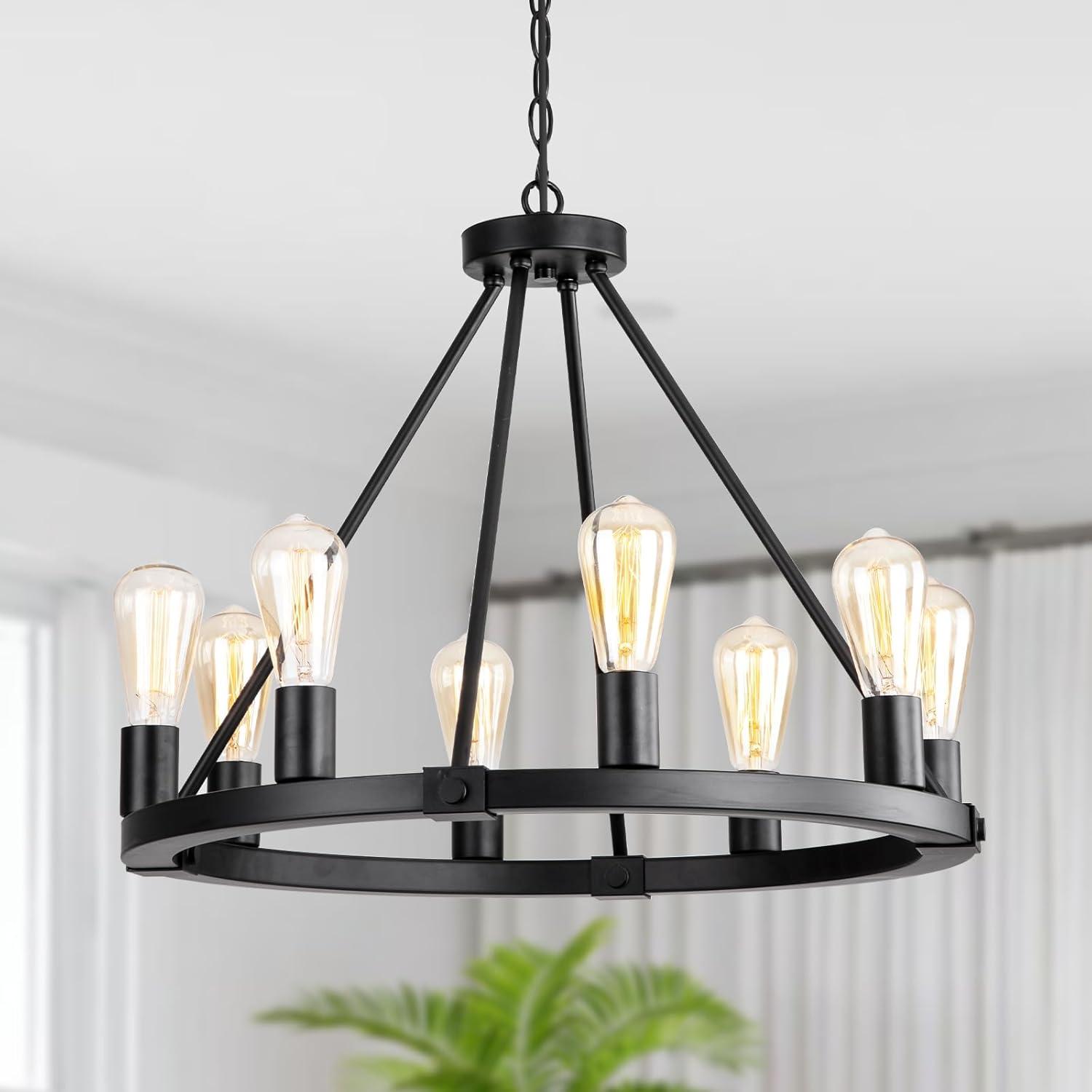 Black Metal 24" 8-Light Wagon Wheel Chandelier