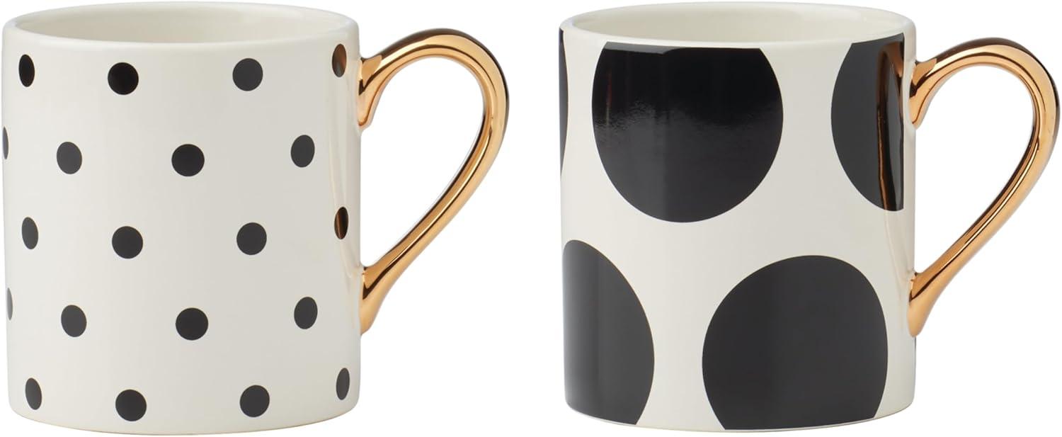 White Ceramic Mugs with Gold Handles and Black Polka Dots, Set of 2