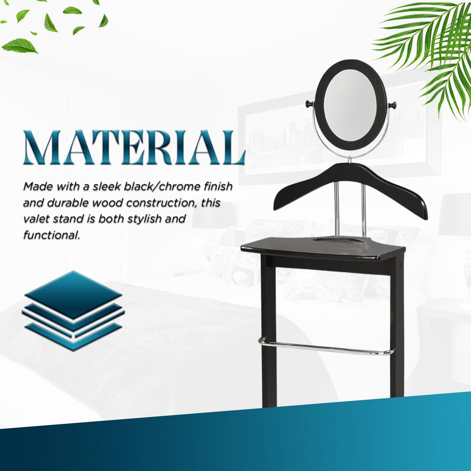 Kings Brand Furniture - Wardrobe Wood Suit Valet Stand, Clothes Trouser Bar Rack, Tie, Belt Hanger and Shoe Rack, Black/Chrome