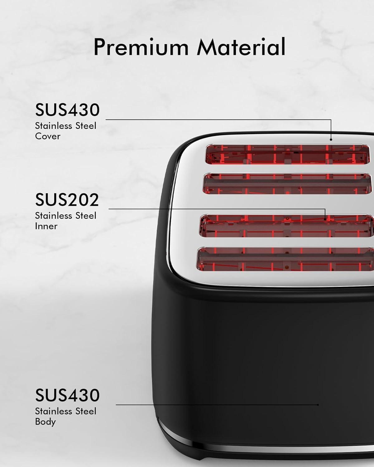 LONGDEEM 4 Slice Toaster, Extra Wide Slots, Longdeem Retro Stainless Steel Toasters, 6 Browning Options, Auto Shut Off & Frozen Function, Toast Fruit Bread, Bagel & Waffle