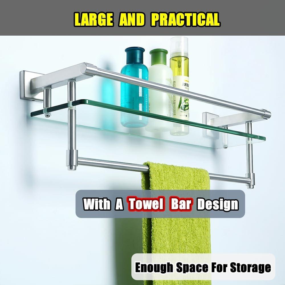 Alise Bathroom Glass Shelf Wall Mounted, Tempered Glass Bathroom Shelf with Towel Bar, SUS304 Stainless Steel Modern Floating Shelf, Brushed Gold, 20 inch