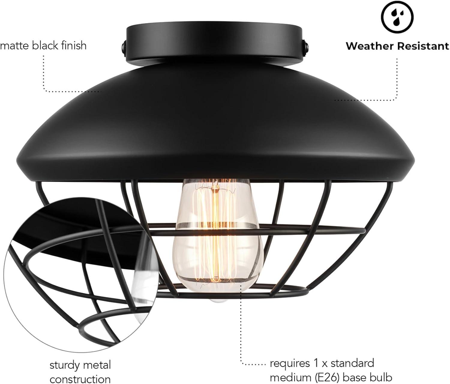 Matte Black Metal Cage Flush Mount Outdoor Ceiling Light