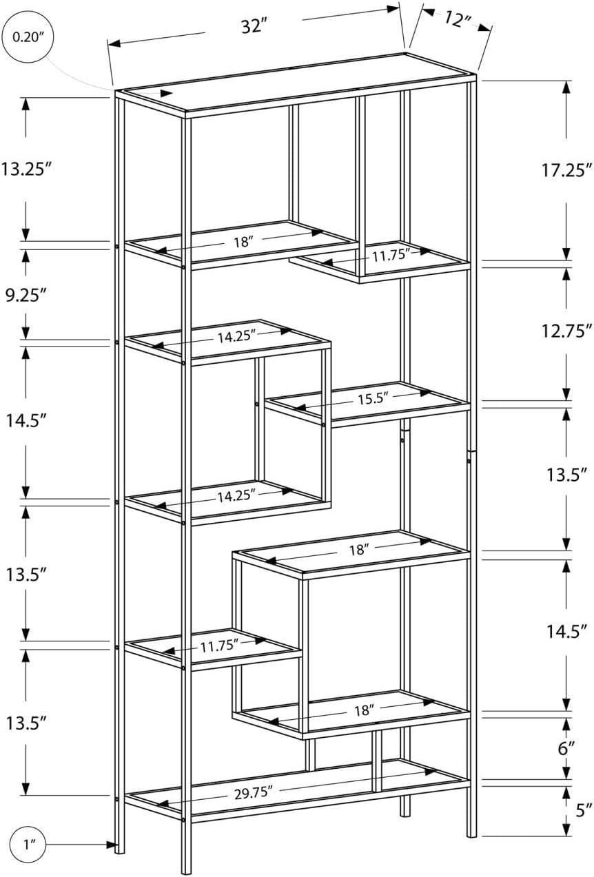 Bookshelf Bookcase Etagere 72"H Office Bedroom Metal Grey Clear