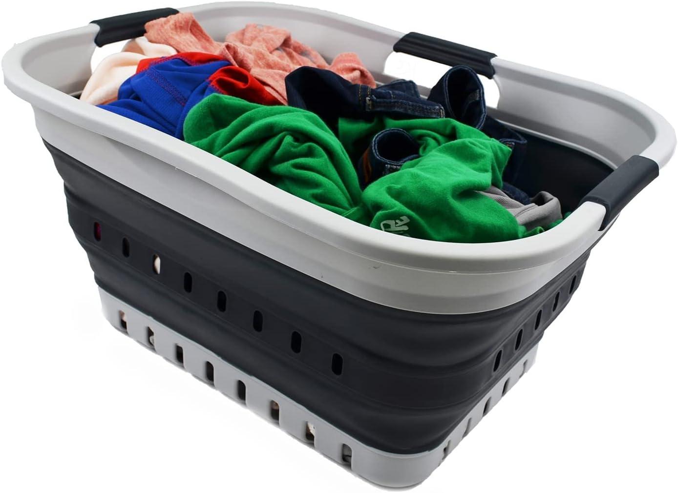 SAMMART 30L (8 gallon) Collapsible 3 Handled Plastic Laundry Basket, Grey/Slate Grey