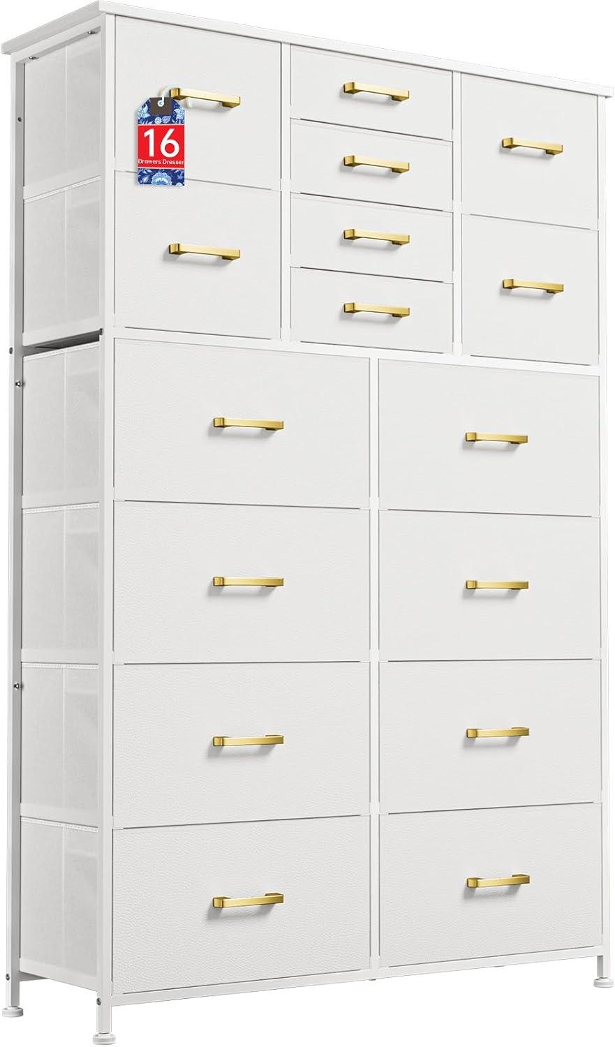 White Tall 16-Drawer Fabric Dresser with Metal Frame