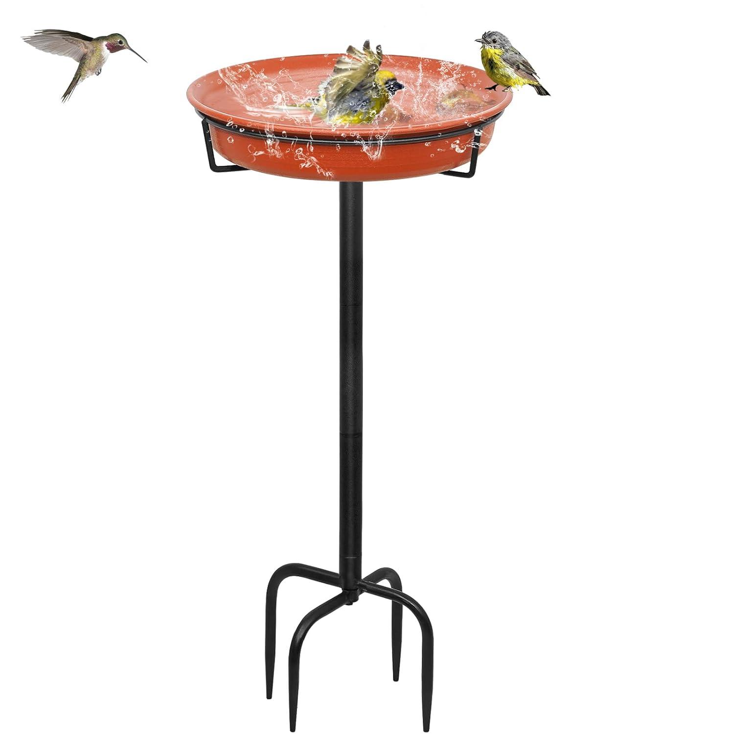 Freestanding Birdbaths Bowl Outdoor, Free Standing Garden Bird Bath Bird Feeder Bowl with Metal Stake, Detachable Decoration Spa Birdfeeder for Garden Patio Yard Lawn, 4 Spiky Feet (Brown)