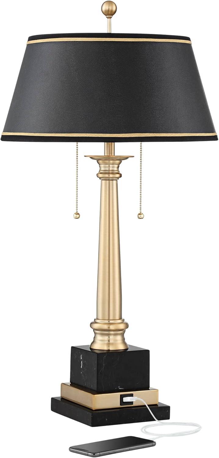 Barnes and Ivy Georgetown Traditional Desk Lamp 28 1/2" Tall Warm Brass with USB Charging Port Black Shade for Bedroom Living Room Bedside Office Kids