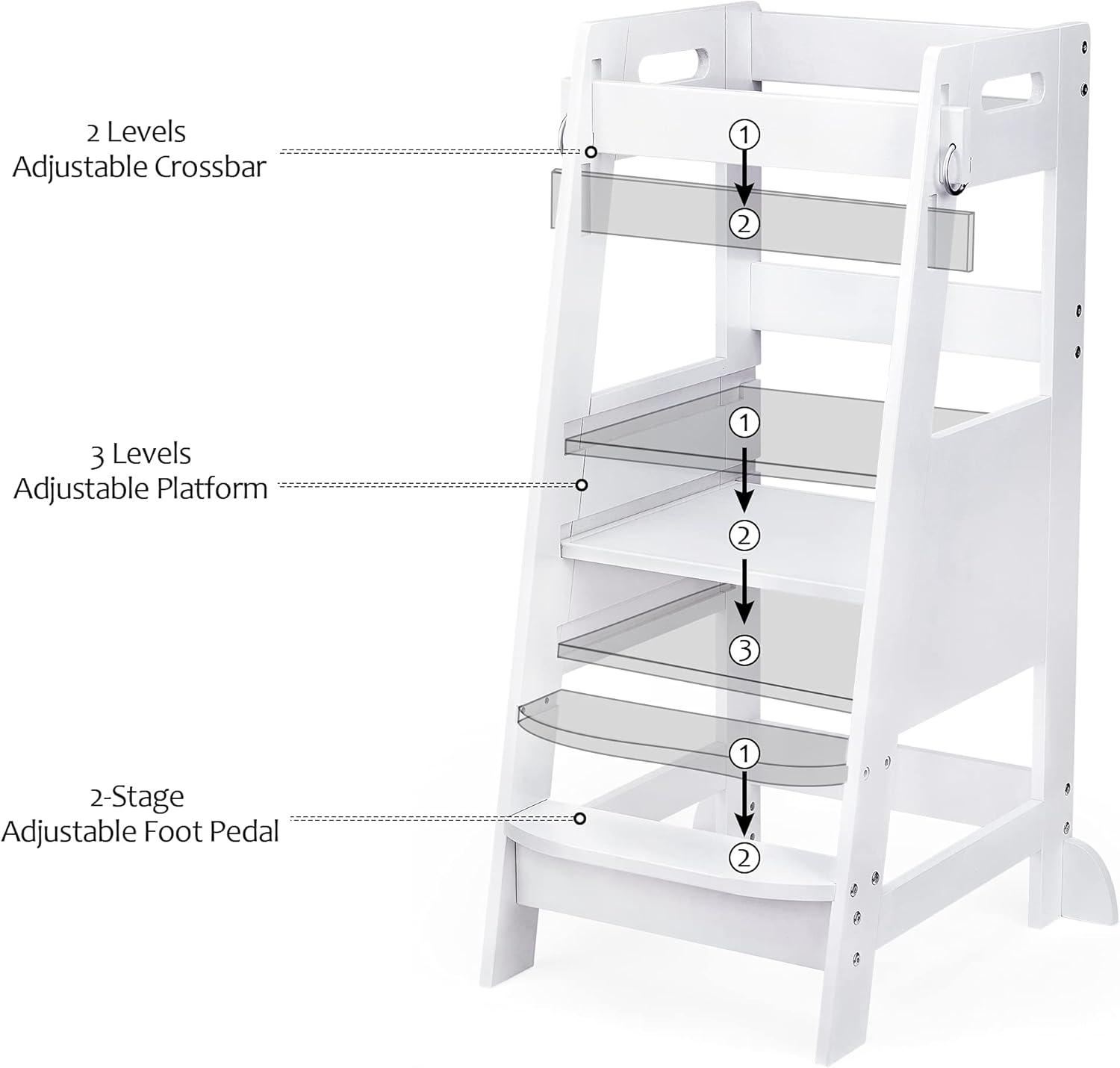 White Bamboo Adjustable 2-Step Toddler Kitchen Stool