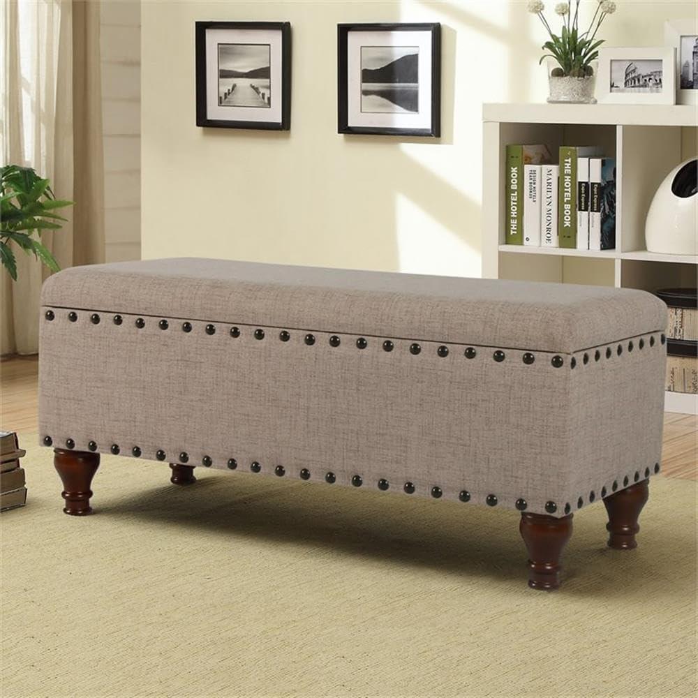 Large Storage Bench with Nailhead Trim Tan - HomePop: Upholstered Ottoman, Bedroom Accent Furniture, Foam Cushioned Seating