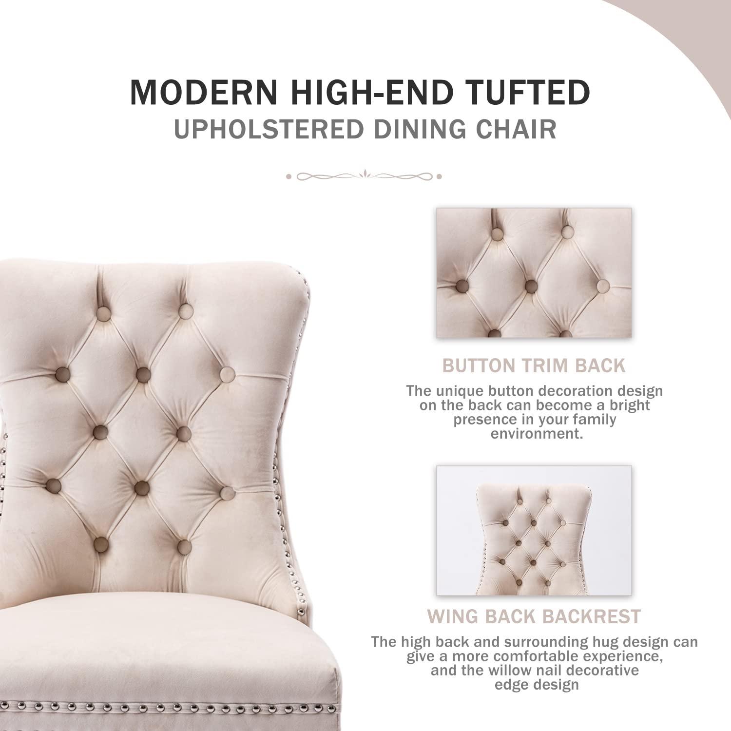 BELLEZE Upholstered Dining Chairs Set of 2, Velvet Luxury Dining Room Chairs with Button Back, Nailhead Trim, Pull-ring, Solid Wood Legs for Kitchen, Living Room, Restaurant - Chandler (Beige)