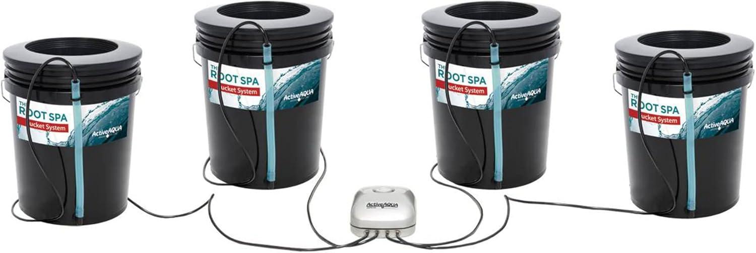 Active Aqua RS5GAL4SYS Root Spa 5 Gallon Hydroponic 4 Bucket Deep Water Culture Grow Kit System with Multi-Purpose Air Hose and Air Pump, Black