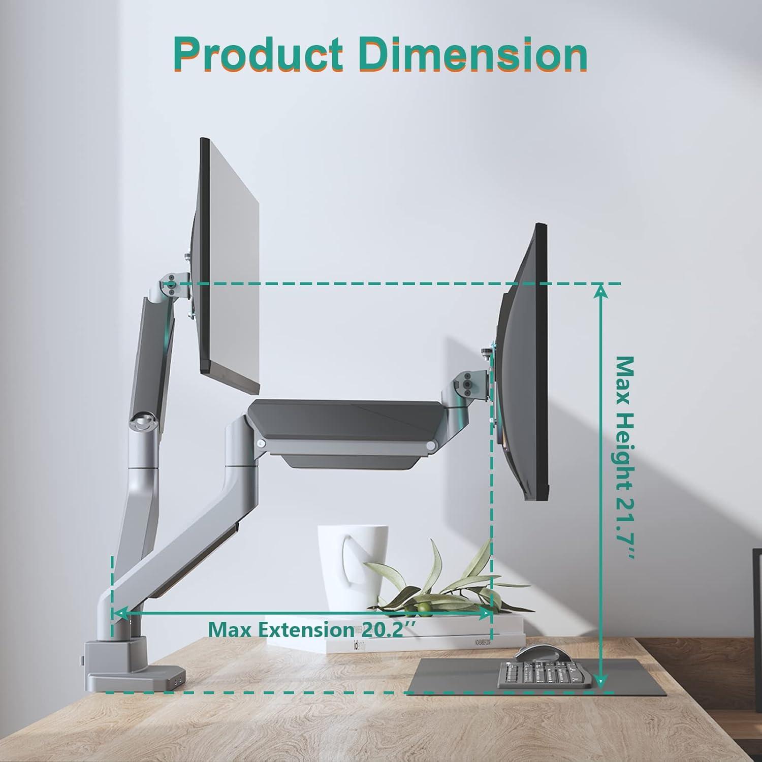 Silver Dual Monitor Adjustable Gas Spring Desk Mount with USB Ports