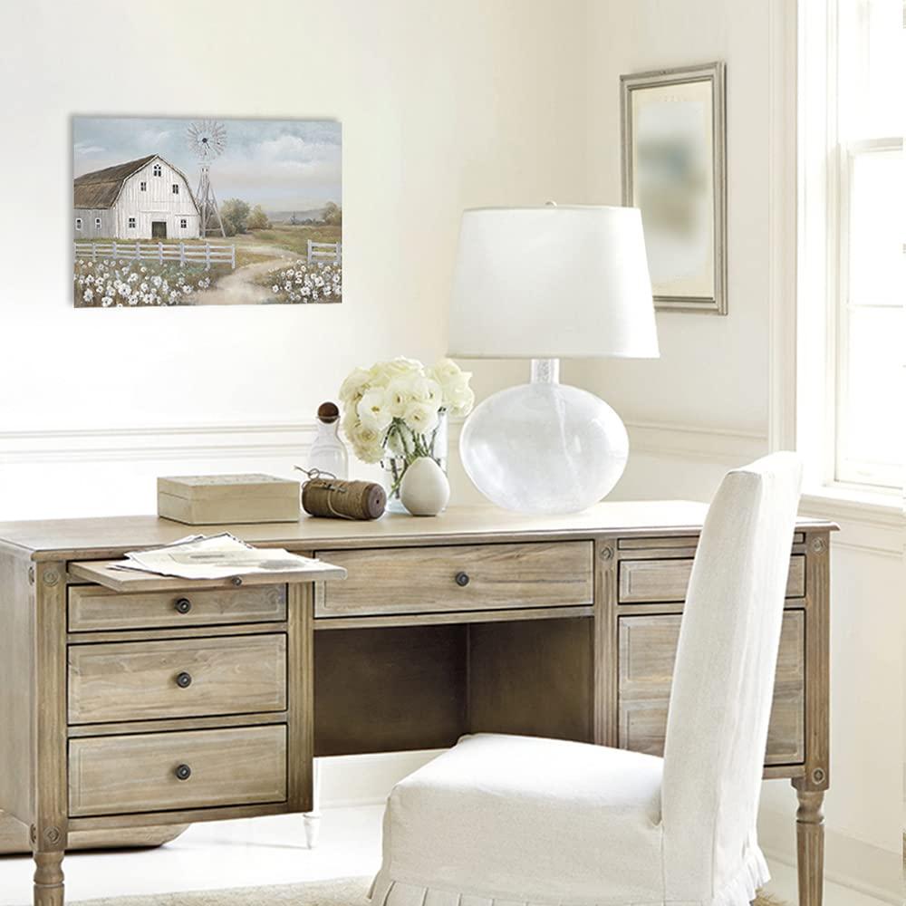 Pictures of Barns Prints Wall Canvas Old Rustic Bedroom Windmill Wall Decor Farmhouse Barn Pictures wall Art Blue sky and White Floral Retro Paintings (24"x 16"x 1panel)