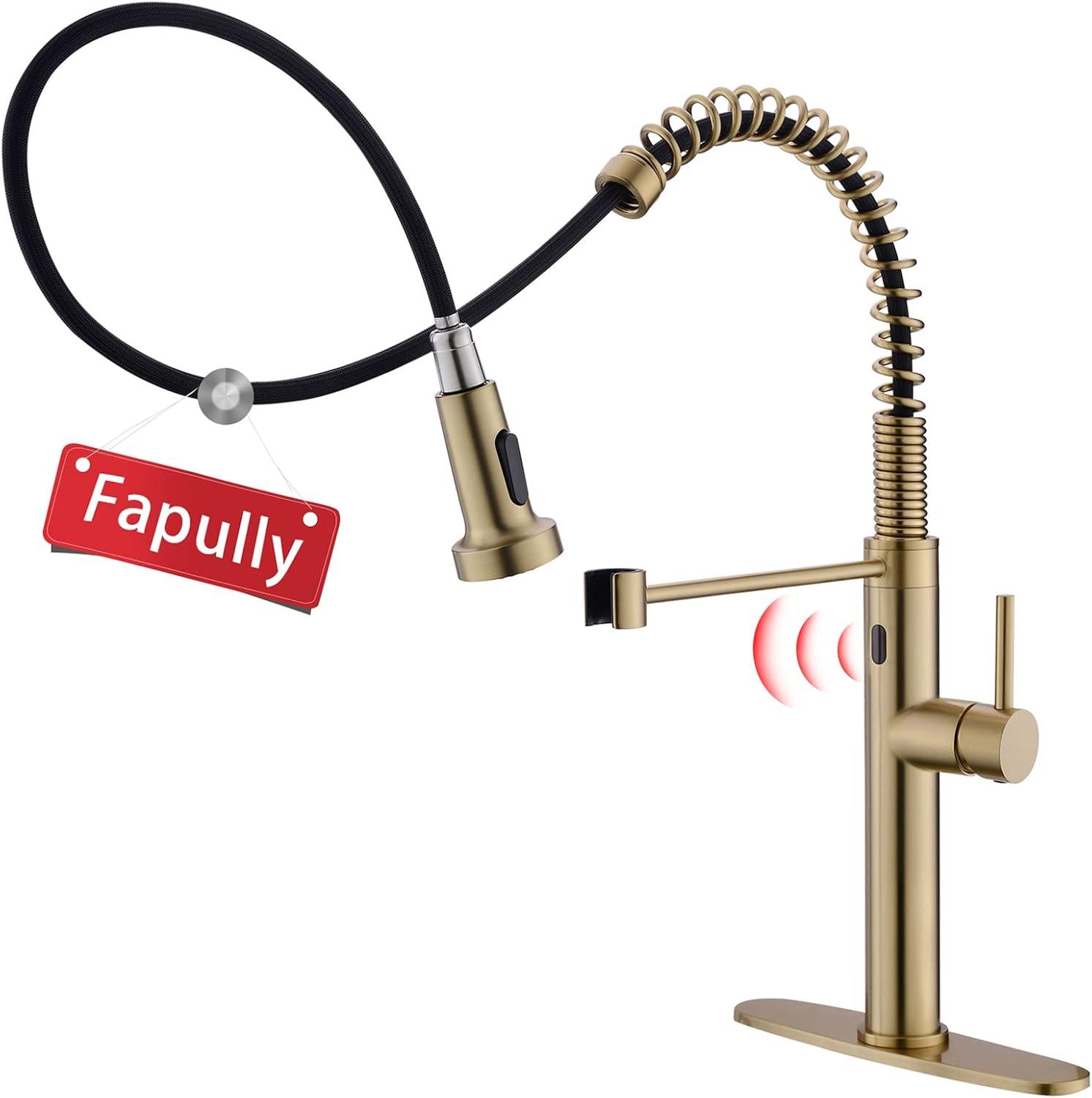 Fapully Touchless Kitchen Faucet with Pull Down Sprayer, Brushed Gold Motion Sensor Smart Commercial Single Handle Single Hole Faucet for Kitchen Sink