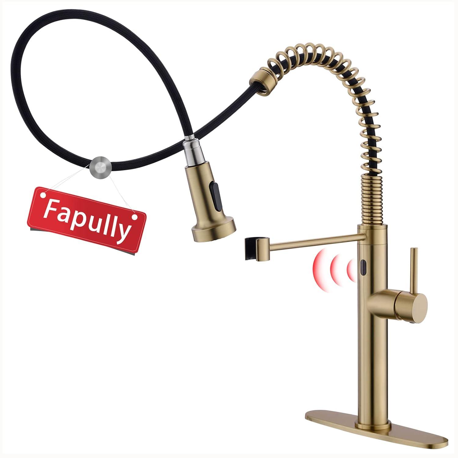 Fapully Touchless Kitchen Faucet with Pull Down Sprayer, Brushed Gold Motion Sensor Smart Commercial Single Handle Single Hole Faucet for Kitchen Sink