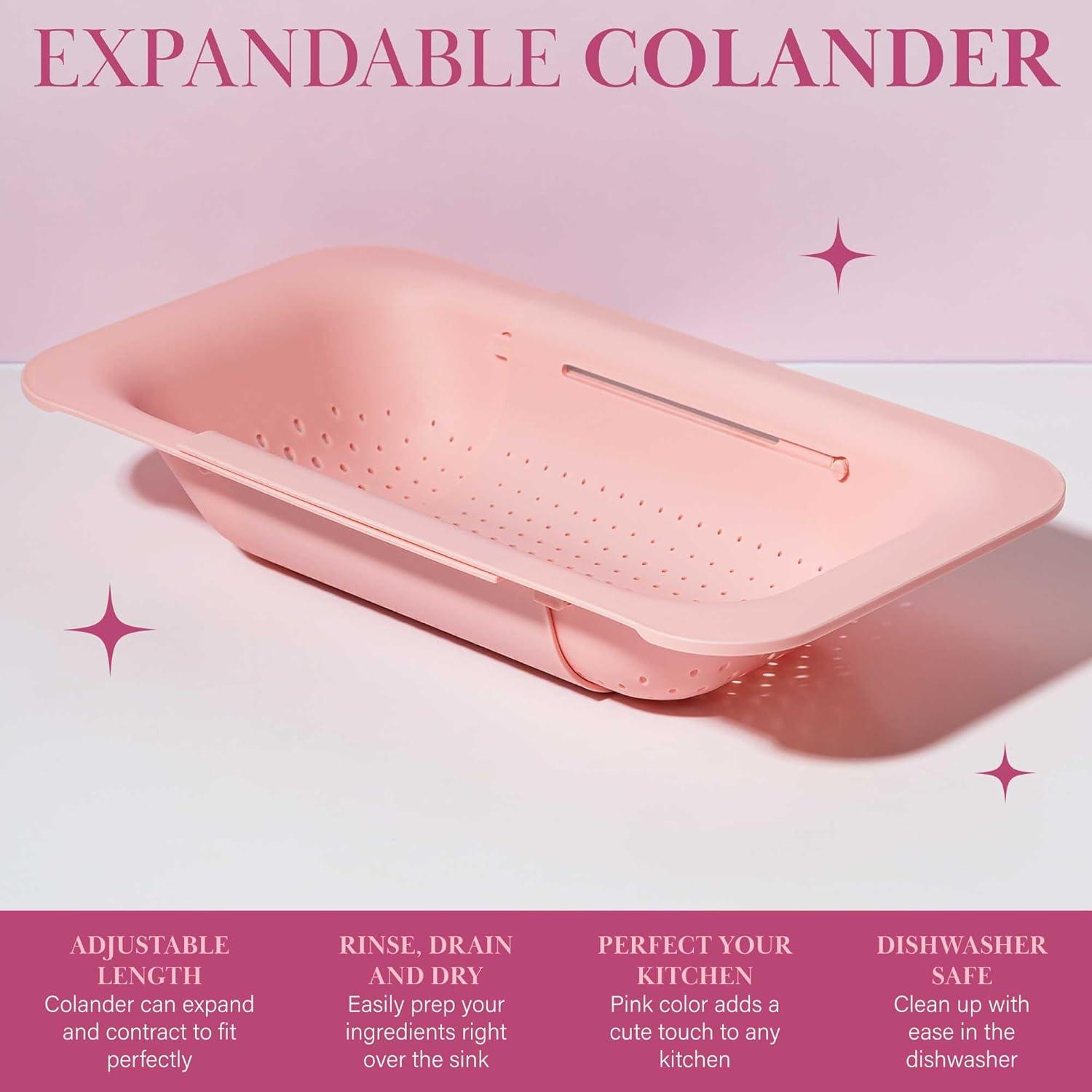 Paris Hilton Over the Sink Expandable Colander, Extendable Strainer, Adjustable from 14.5 inches to 19.5 inches, Fits most kitchen sinks, Made without BPA, Pink C47