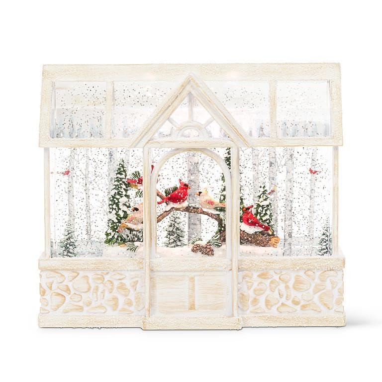 White Cardinals in Greenhouse LED Snow Globe Lantern