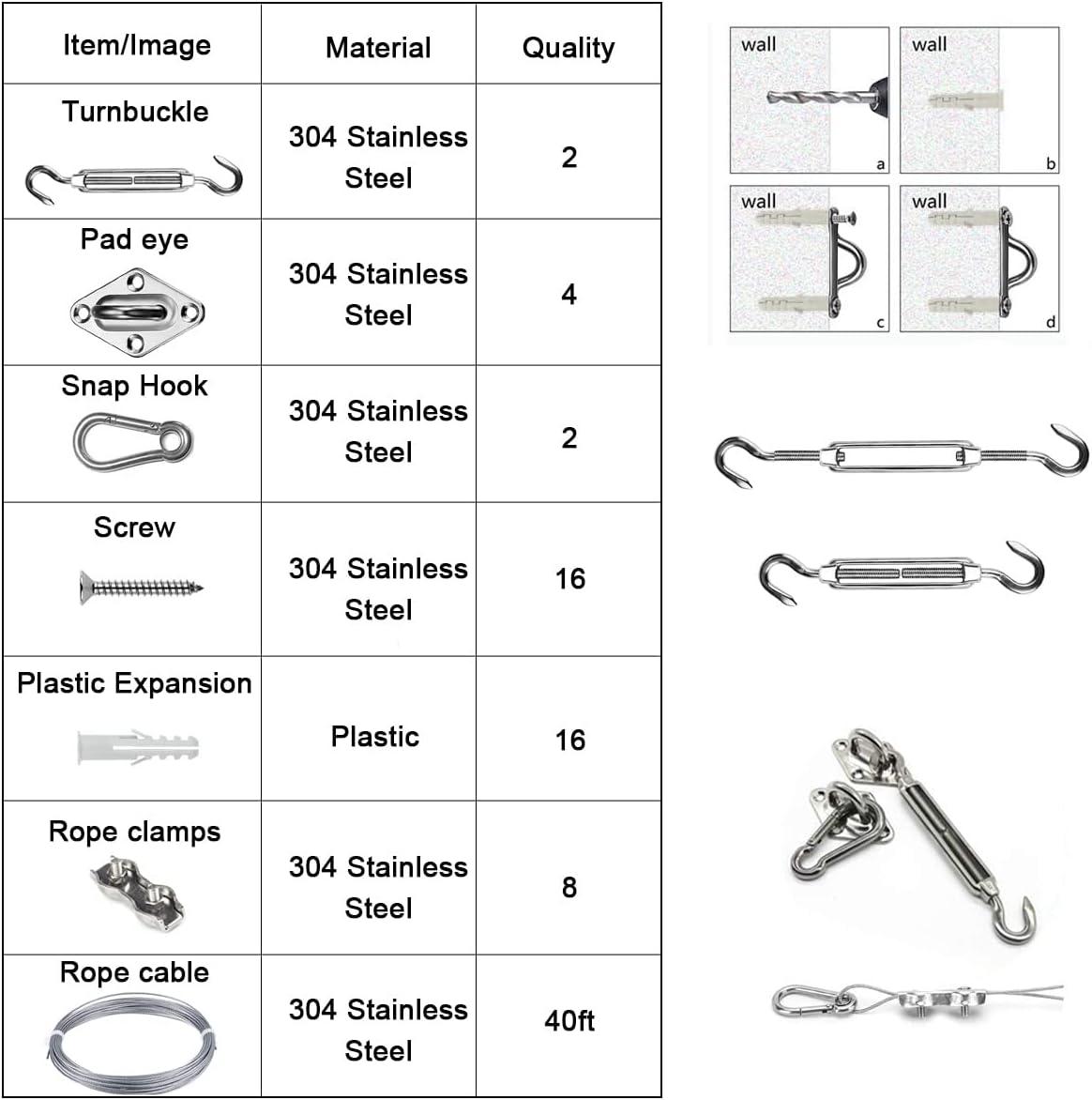 Sun Shade Hardware Kit for Rectangle and Square Sun Shade Sails Installation,5 inch Heavy Duty Anti-Rust Sail Shade Hardware Kit with 50 ft Cable Wire Ropes