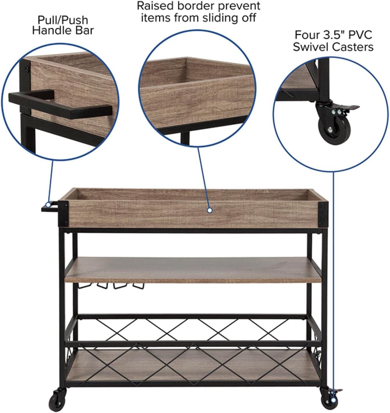 Flash Furniture Buckhead Distressed Light Oak Wood and Iron Kitchen Serving and Bar Cart with Wine Glass Holders