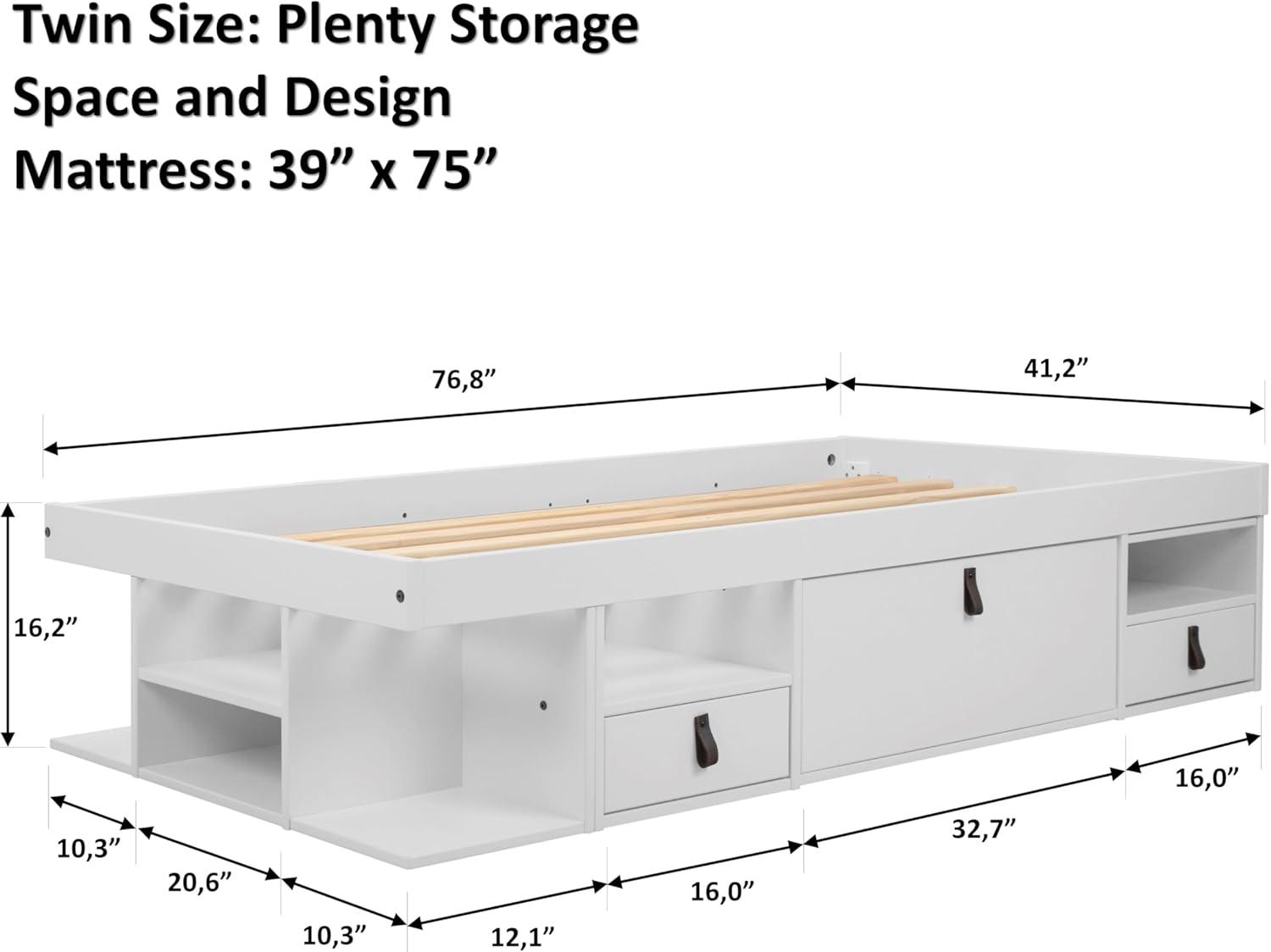 Memomad Bali Storage Platform Sturdy Bed Frame with Drawers and More (White Wood Twin Size)