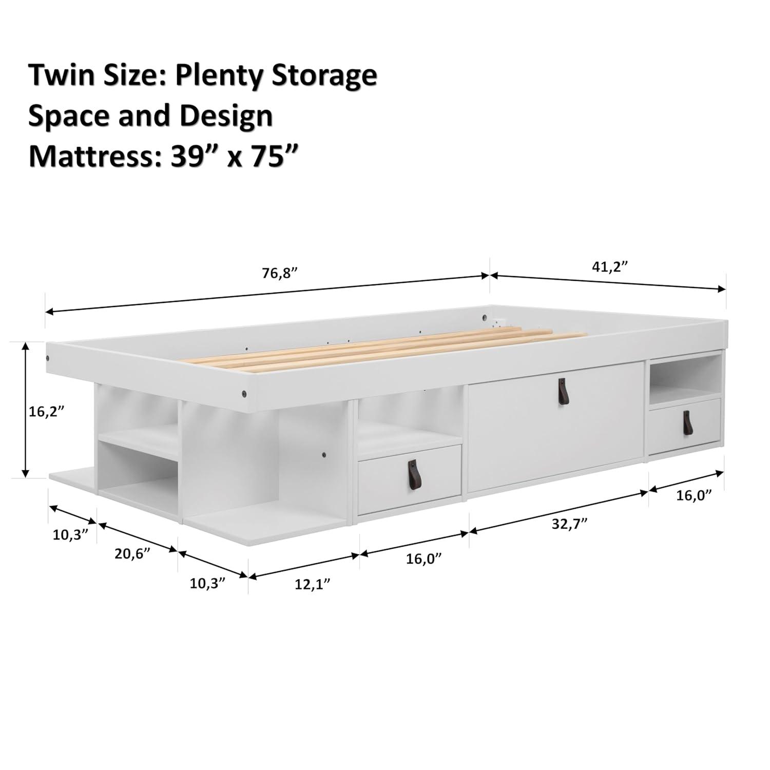 Memomad Bali Storage Platform Sturdy Bed Frame with Drawers and More (White Wood Twin Size)
