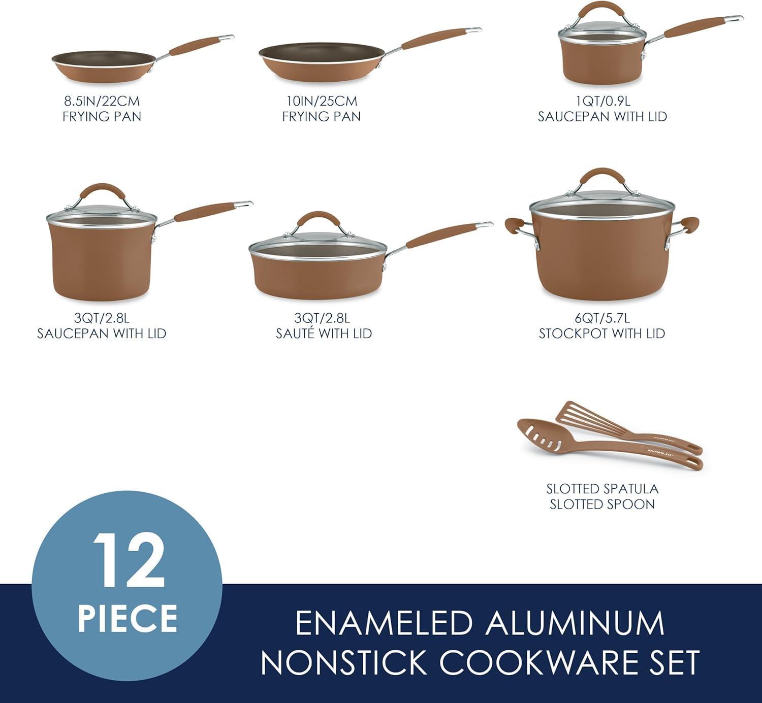Rachael Ray Cucina Juego de Ollas y Sartenes Antiadherentes, 12 Piezas, Marrón Hongo