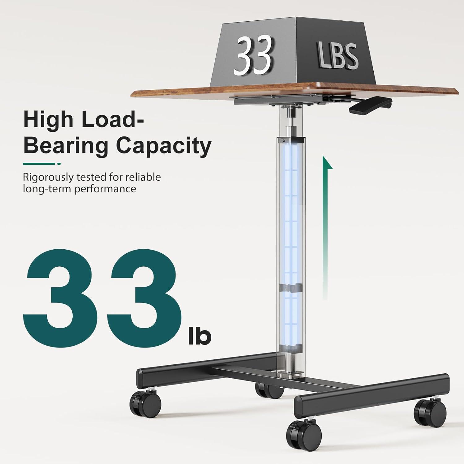 DUMOS Small Standing Desk Mobile Portable Rolling Laptop PC Table on Wheels Adjustable Height Computer Workstation for Home Office, 19 Inch, Brown