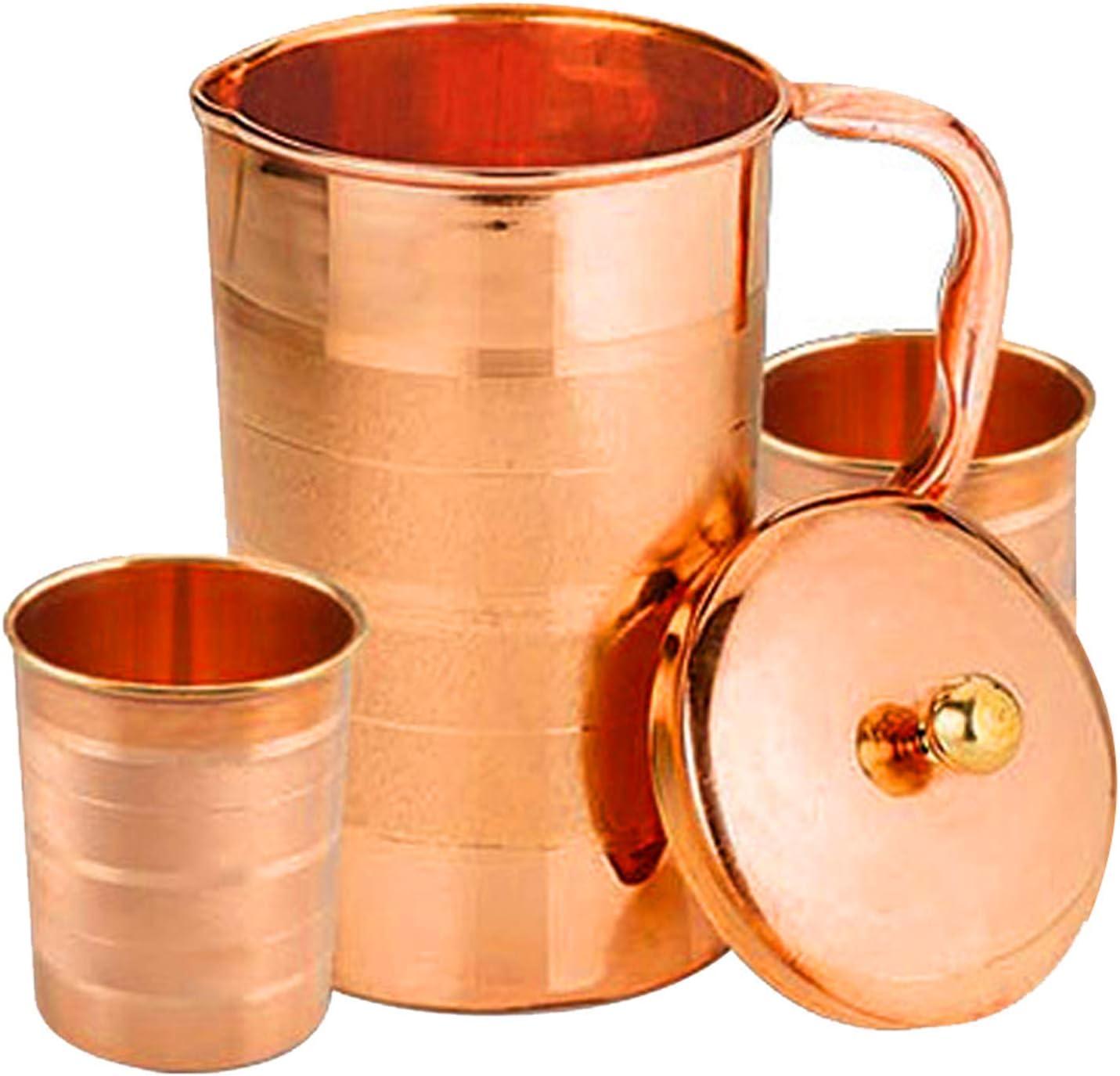 Handmade Copper Pitcher with Lid and 2 Tumblers Set