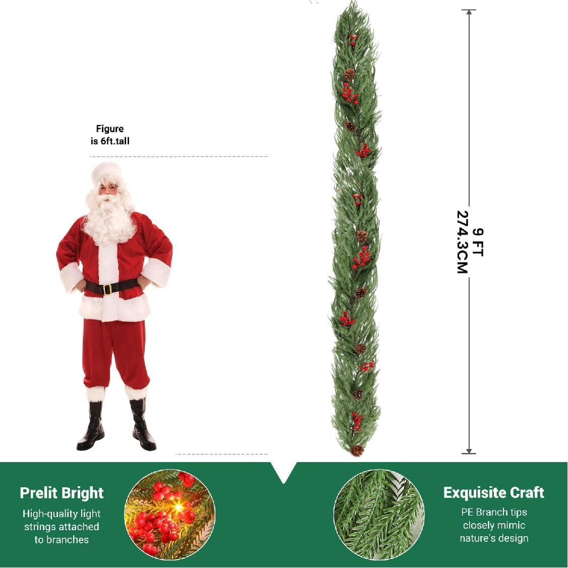 9ft Artificial Christmas Garland, Real Touch Norfolk Pine Garland- Winter Pine Garland, Greenery Christmas Garland for Mantle, Table, Fireplace, Indoor, Outdoor Christmas Decorations