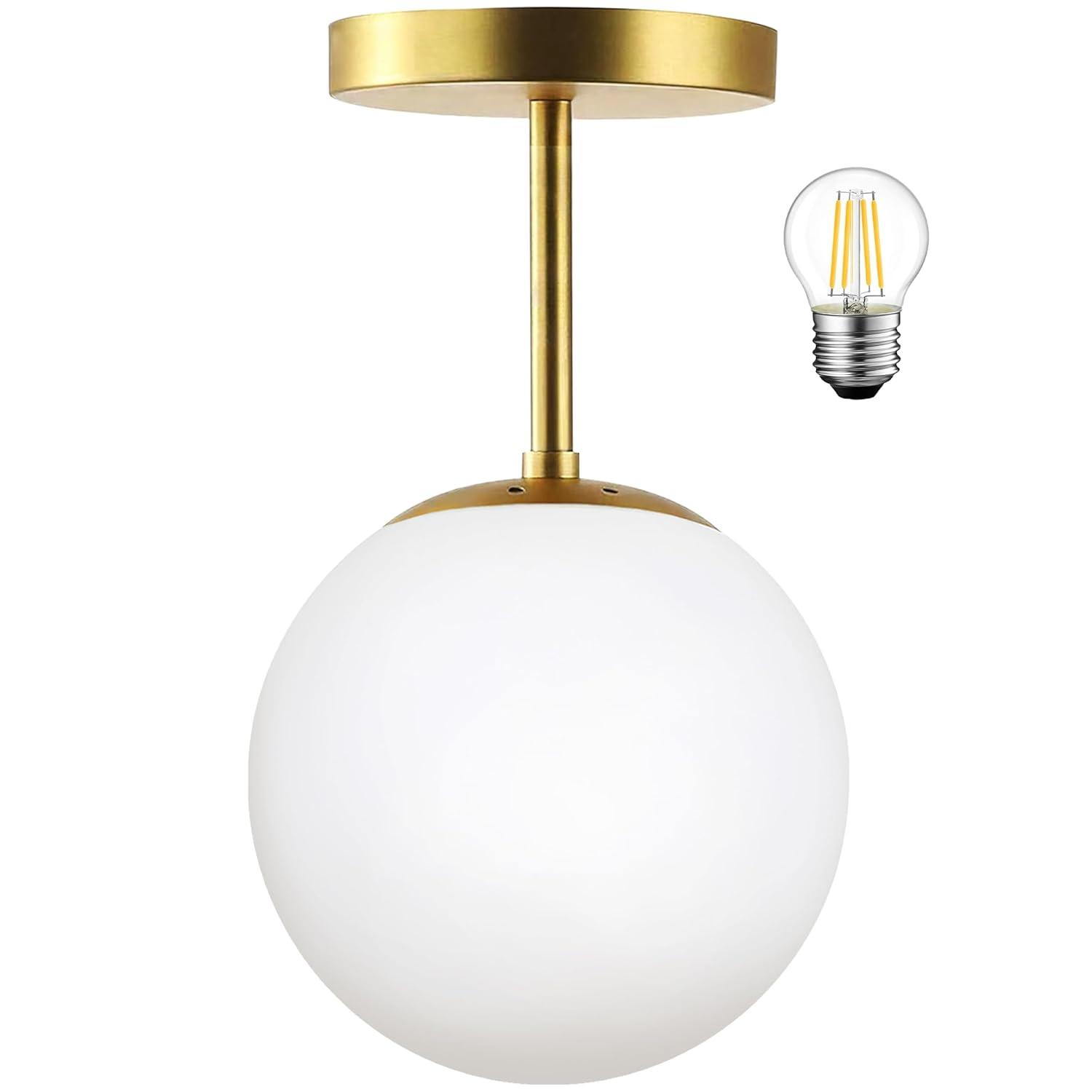 Mid Century Modern Globe Semi Flush Mount Ceiling Light Fixture Frosted Glass with Gold Brass Finish,1-Light Sphere Glass Pendant Lights for Aisle Porch Stairway Closet Kitchen Laundry Room(Bulb Incl)
