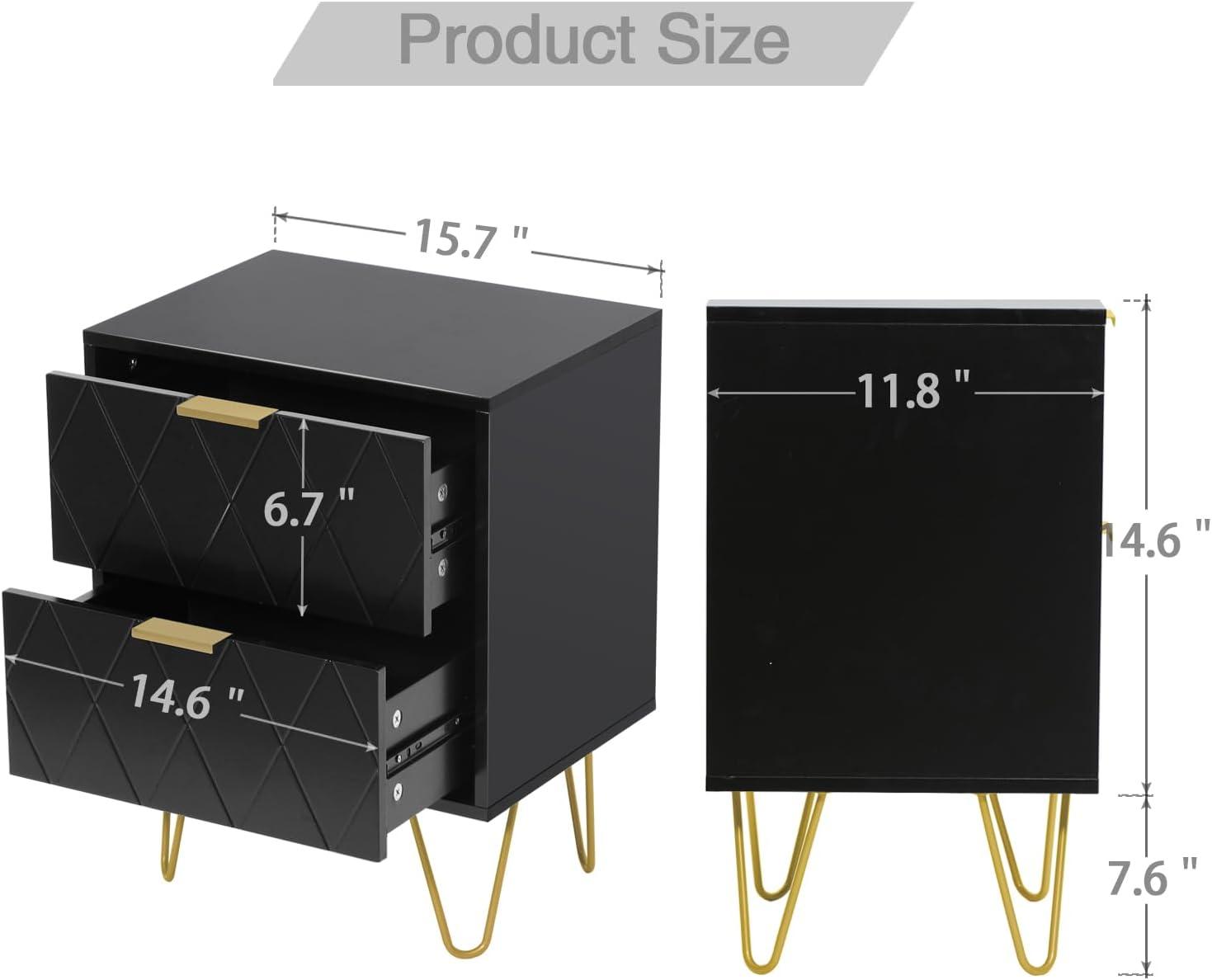 Eclife Set of 2 Black Nightstand End Table 2 Drawers Dressers Modern Mid Century Accent Bedside Tables Stand Wood with Gold Handle Legs for Adult Makeup Bedroom Living Room