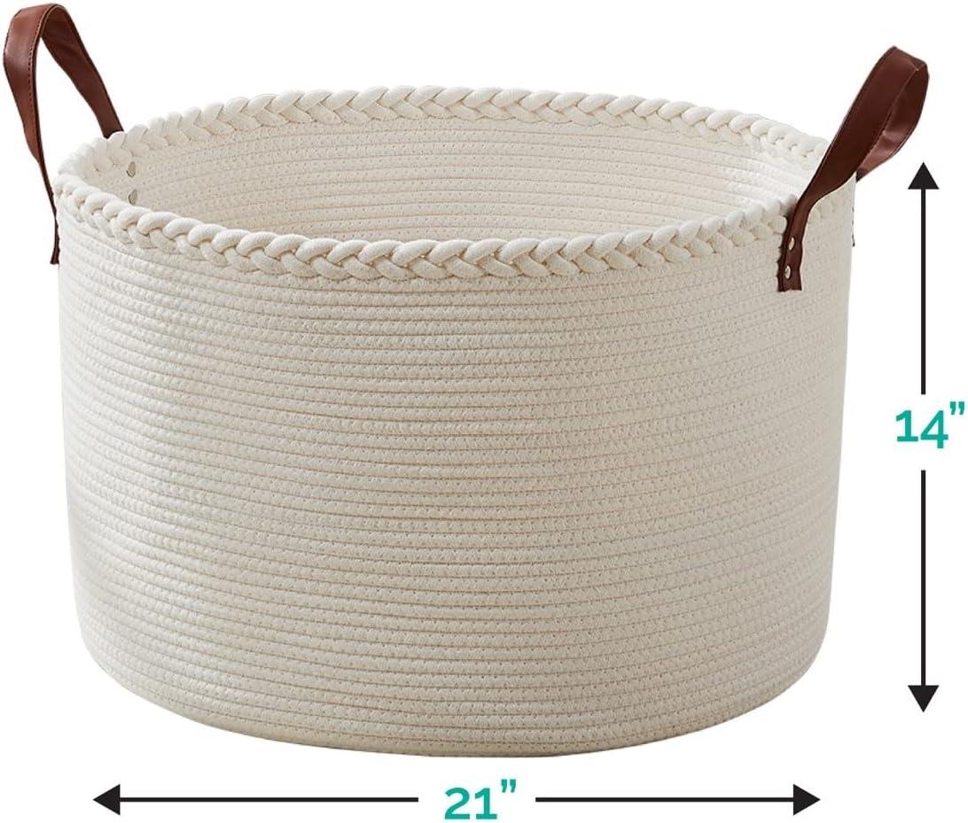 XLarge Round Cotton Rope Storage Basket Bin Organizer Laundry Hamper with Leather Handles, 21 x 21 x 14, Extra Large Blanket Woven Toy Basket for Baby Nursery - Cream