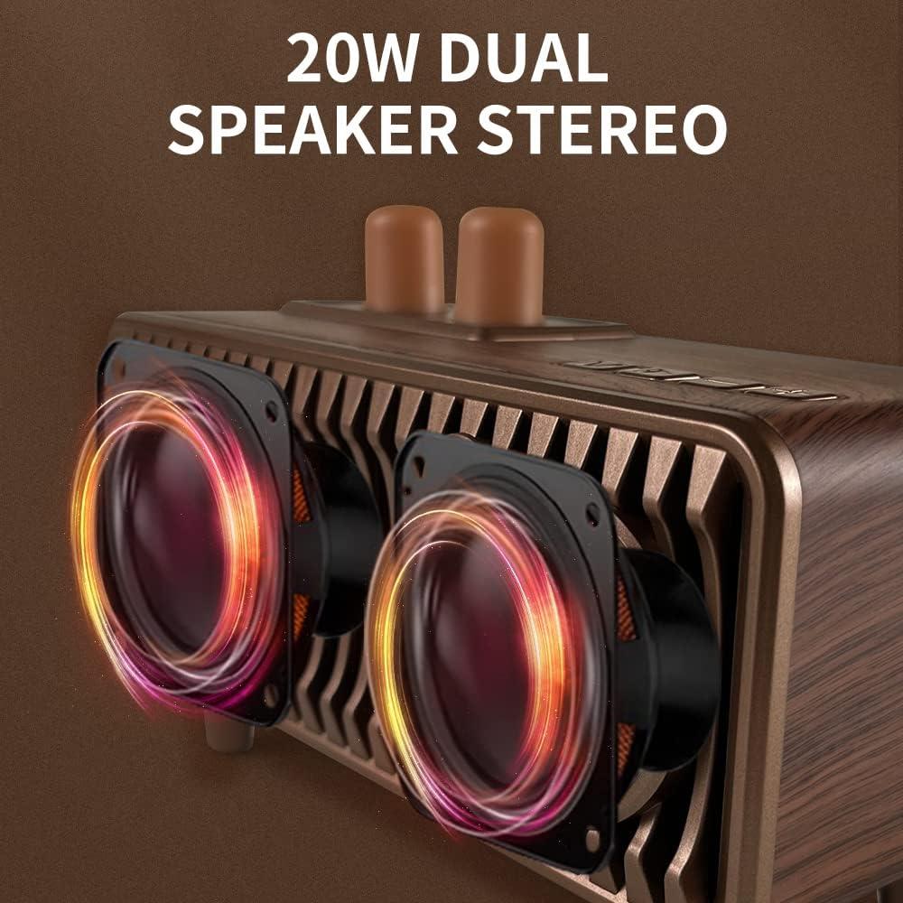 Retro Bluetooth Speaker, Vintage Radio Walnut Wood Rotary FM Radio 20W Dual Speakers Stereo,with U Disk/TF Card/Aux Music Player Function,Portable Wireless Speakers for Home, Office Decor