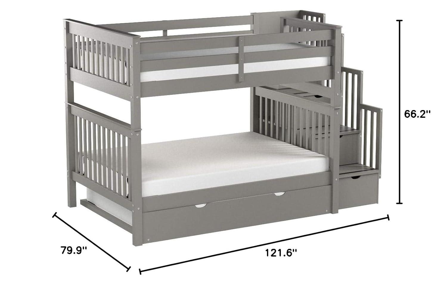 Bedz King Stairway Bunk Beds Full over Full with 4 Drawers in the Steps and a Full Trundle, Gray