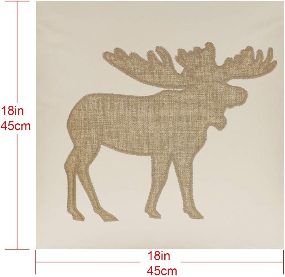 Embroidered Throw Pillow Covers Moose Pattren 18x18 Inches for Living Room Cotton Cushions Covers (Khaki)