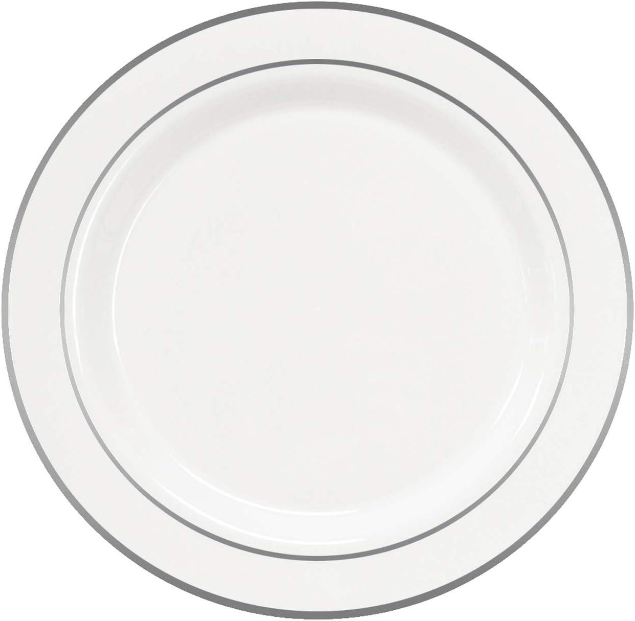 Party Essentials 12-Count Hard Plastic 9" Divine Dinnerware Disposable China Lunch/Dinner Plates, White with Silver Band