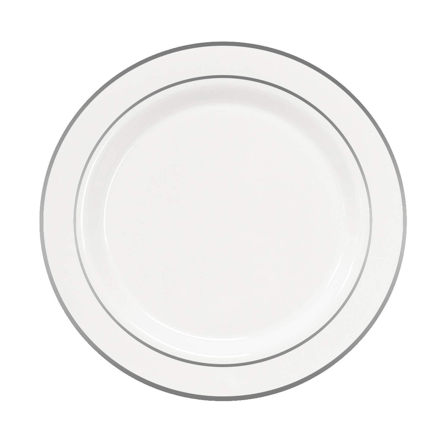 Party Essentials 12-Count Hard Plastic 9" Divine Dinnerware Disposable China Lunch/Dinner Plates, White with Silver Band