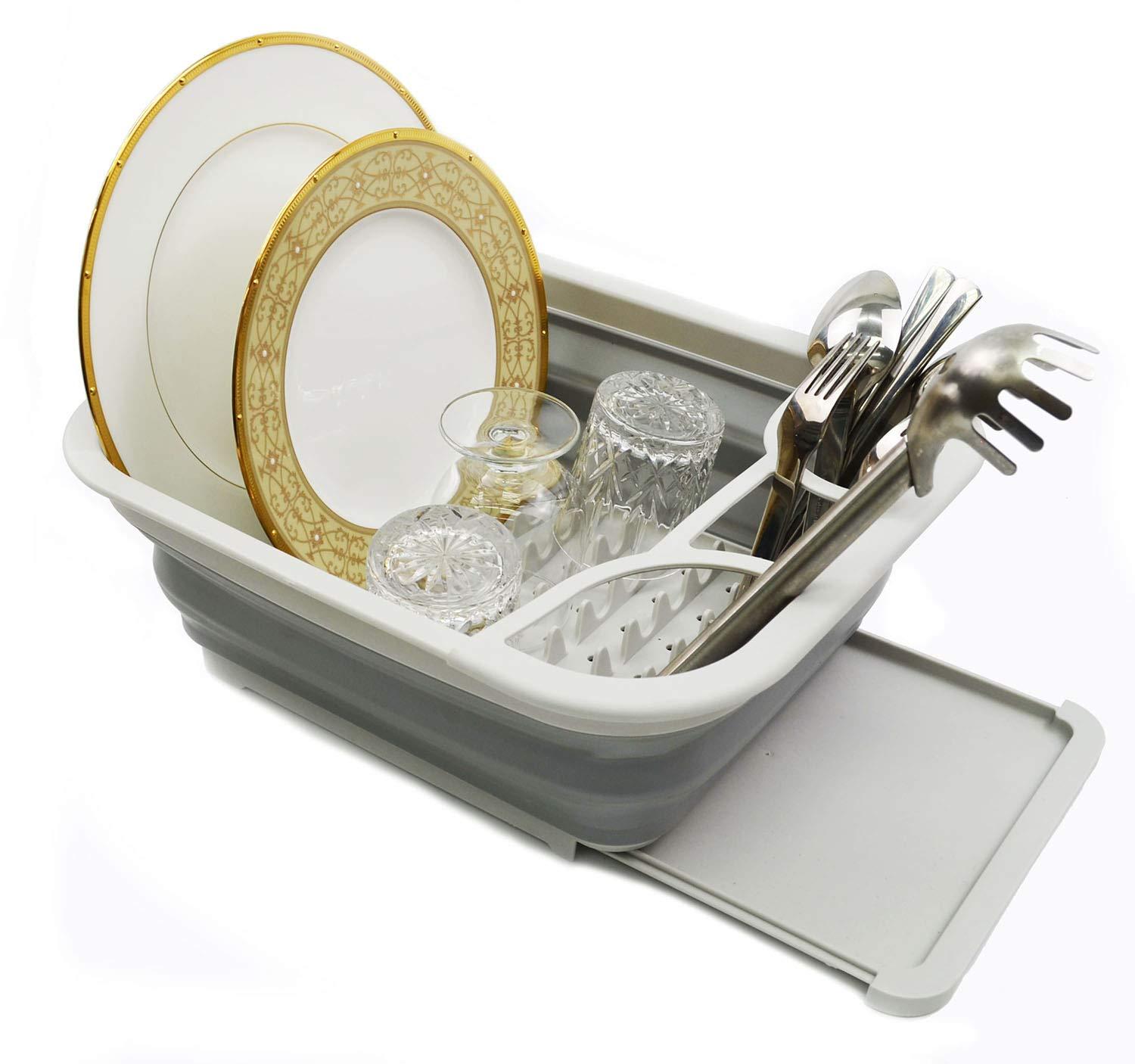 SAMMART Collapsible Dish Drainer with Drainer Board - Foldable Drying Rack Set - Portable Dinnerware Organizer - Space Saving Kitchen Storage Tray