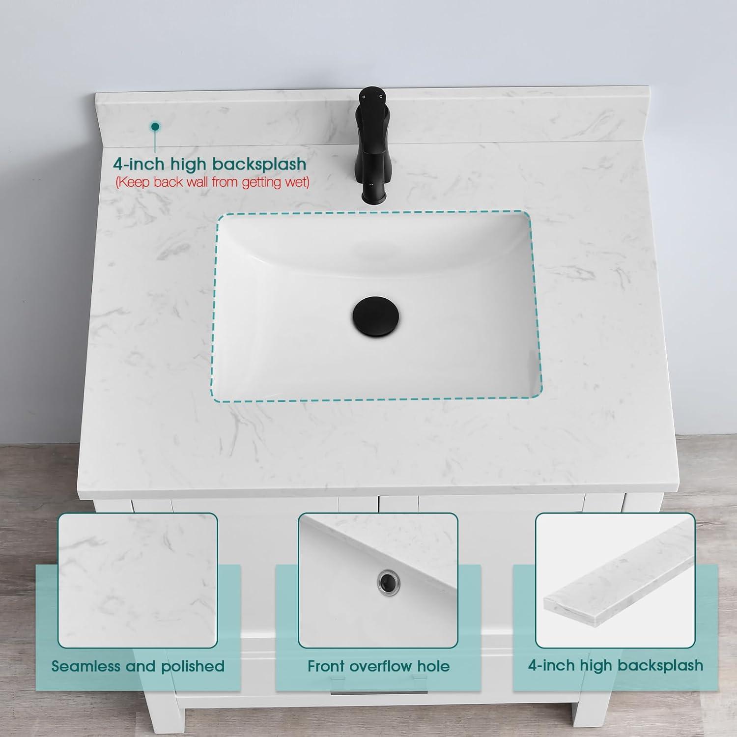 30 in. White Engineered Stone Vanity Top with Rectangular Sink