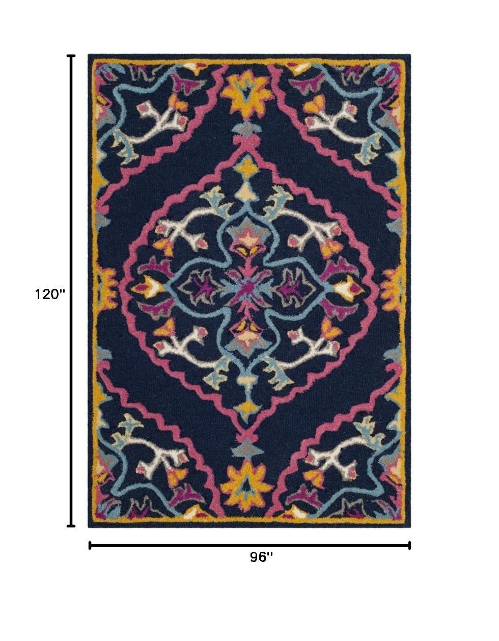 Navy Blue and Multicolor Wool Silk 8' x 10' Handmade Area Rug