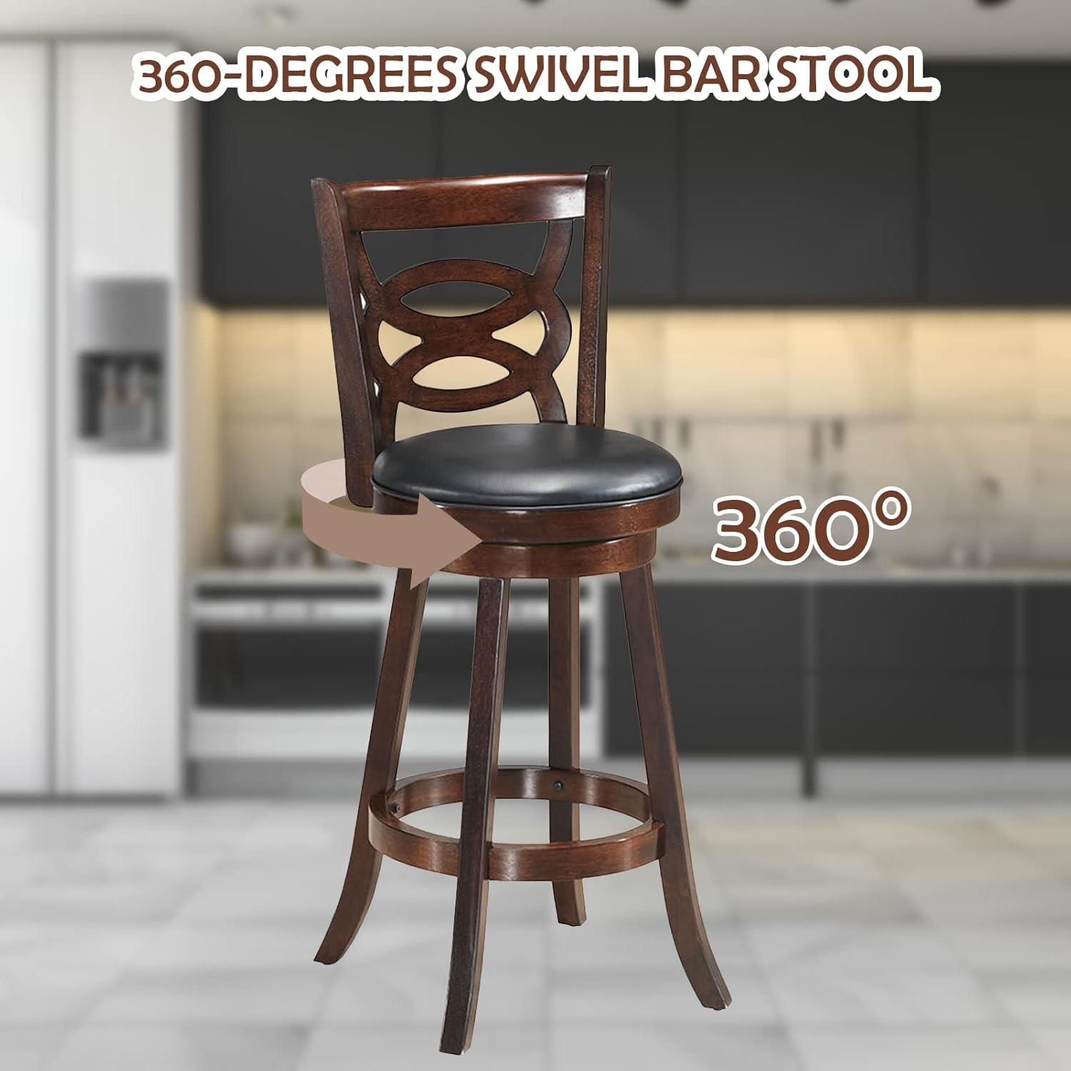 XIAOTAO 360° Swivel Barstools Set of 2, 29" Bar Height Bar Chairs with Back & Footrest, Upholstered Bar Stools with Rubber Wood Frame, Suitable for Home Bar, Kitchen Counter, Espresso