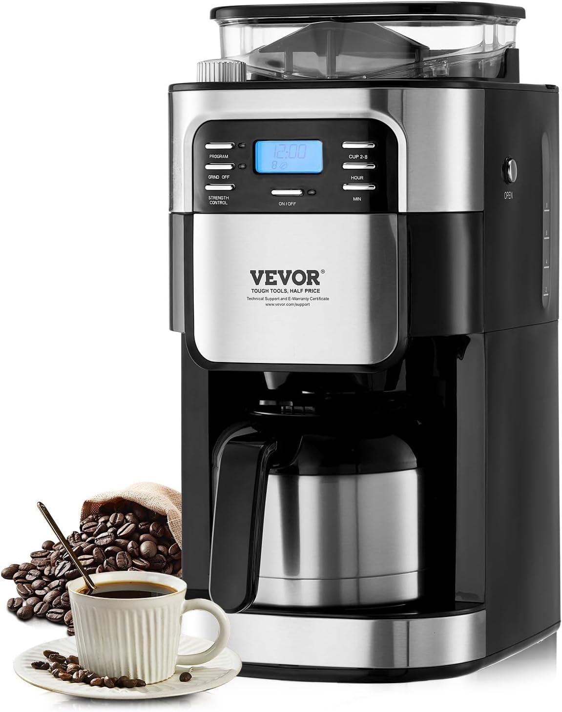 Grind and Brew Coffee Maker Machine, 8 Cup Capacity with 3 Brew Strength Options, Built in Timer for Auto Morning Brew, Ideal for Office Home Cafe, Black