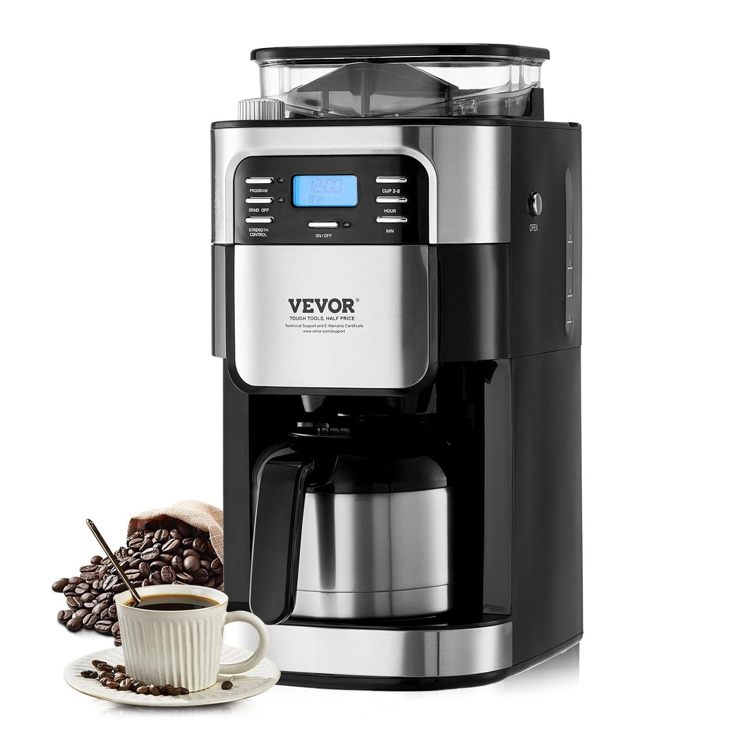 Grind and Brew Coffee Maker Machine, 8 Cup Capacity with 3 Brew Strength Options, Built in Timer for Auto Morning Brew, Ideal for Office Home Cafe, Black