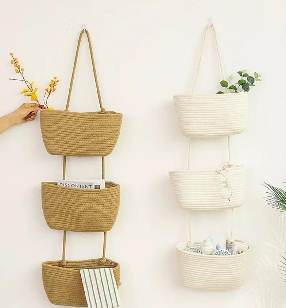 TeoKJ Over the Door Hanging Baskets with Button Strap, 3-Tier Woven Cotton Storage Organizer Bag, Wall-Mounted with Hook Decorative Hanging Kitchen Baskets - White