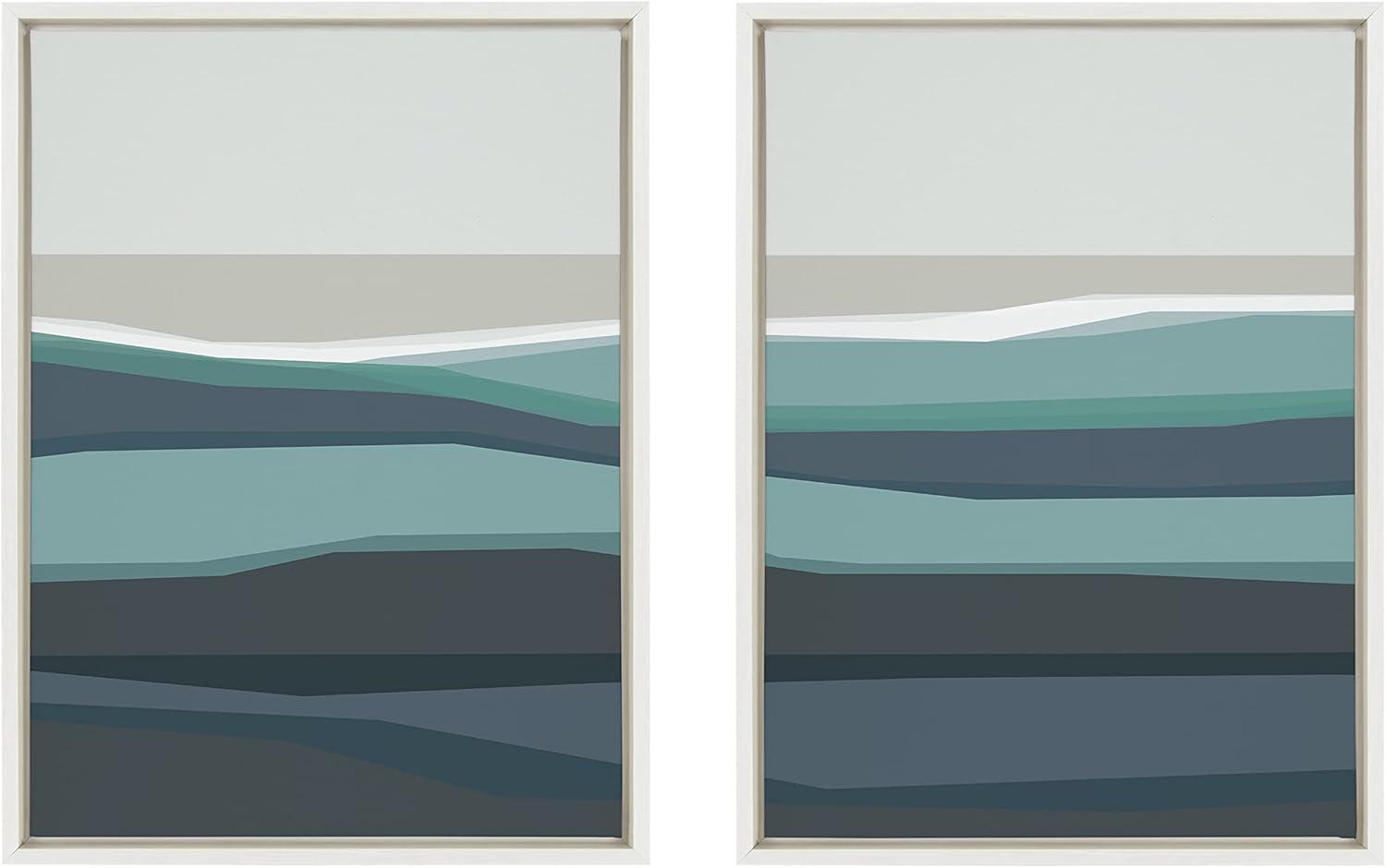 Kate and Laurel Sylvie Abstract Teal Beach Horizon Left and Right Framed Canvas by The Creative Bunch Studio, 2 Piece 18x24, White