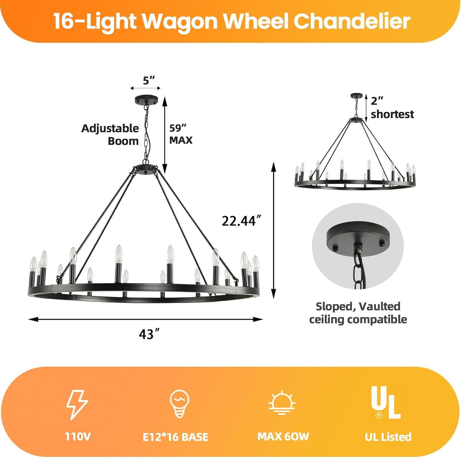 Black Metal 43-Inch Wagon Wheel Candle Chandelier