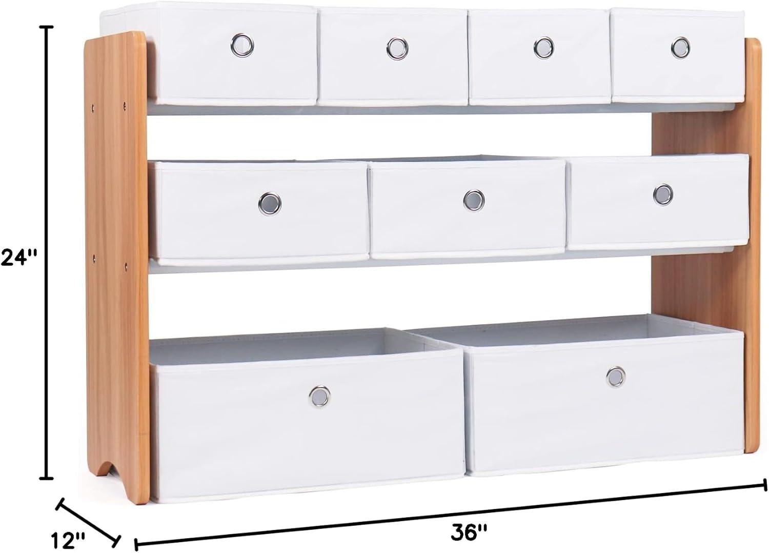 Natural Wood and White 3-Tier Toy Storage Organizer with 9 Fabric Bins